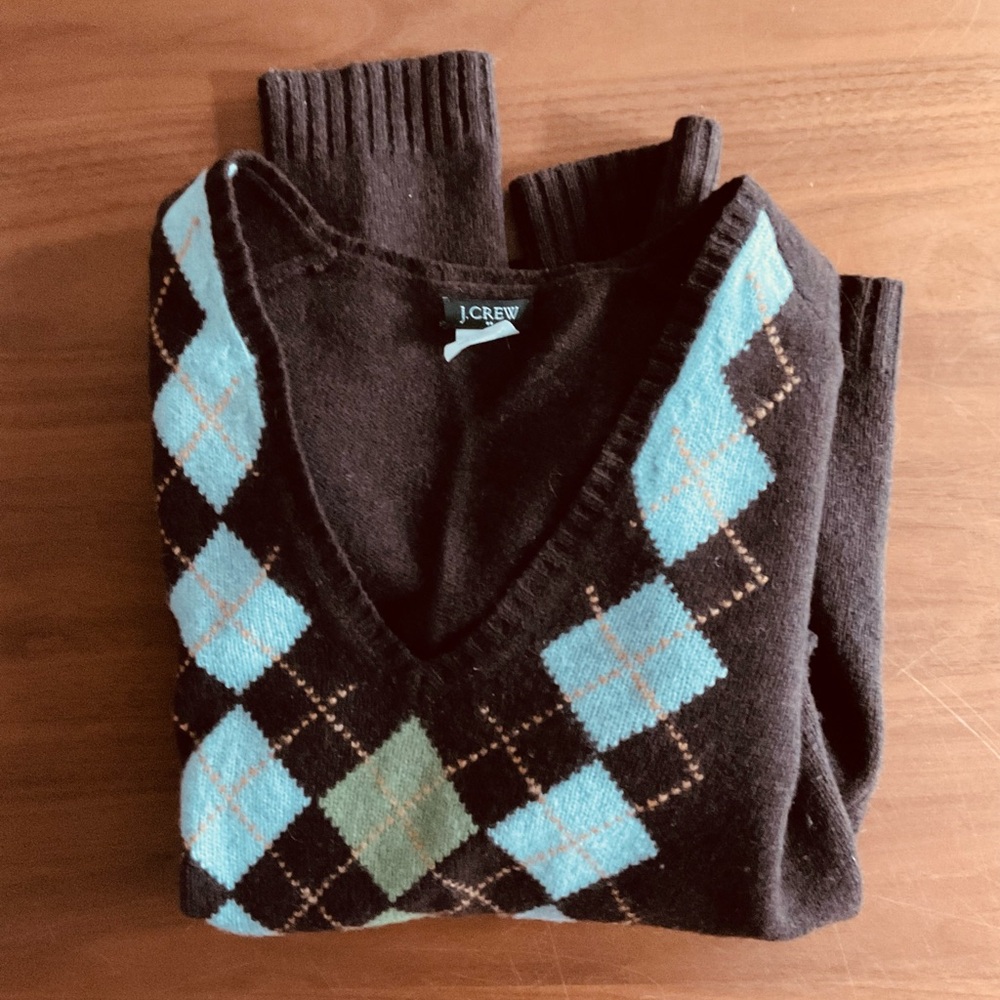 J. Crew Brown V-Neck Sweater with Blue Argyle